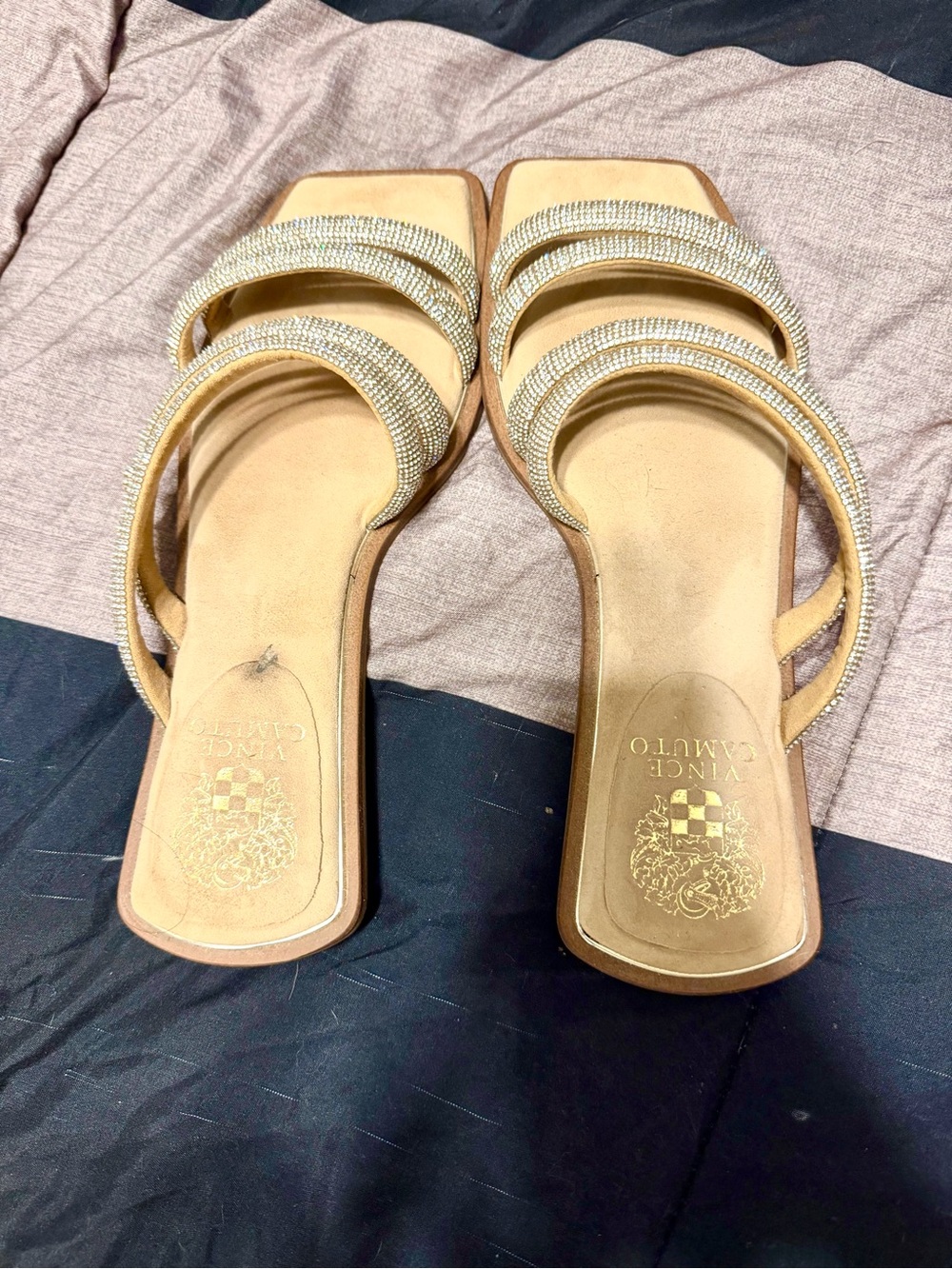 Vince Camuto Tan Slide Sandals with Rhinestone Straps
